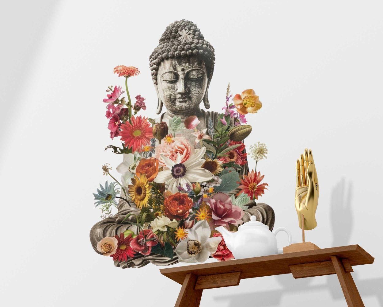 Buddha Statue and Flowers on Background Wall Stickers for Living Room Decor