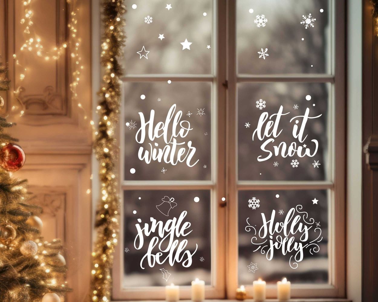 Celebrate Hello Winter, Lets It Snow, Jingle Bells, Holly Jolly Christmas Decals For Glass Window Decoration