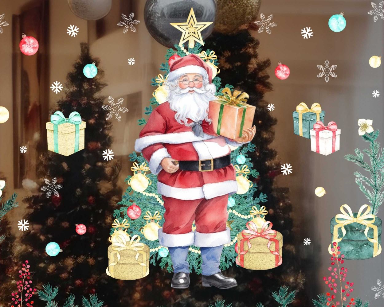Best Christmas Tree, Santa Claus And Gifts Window Decals