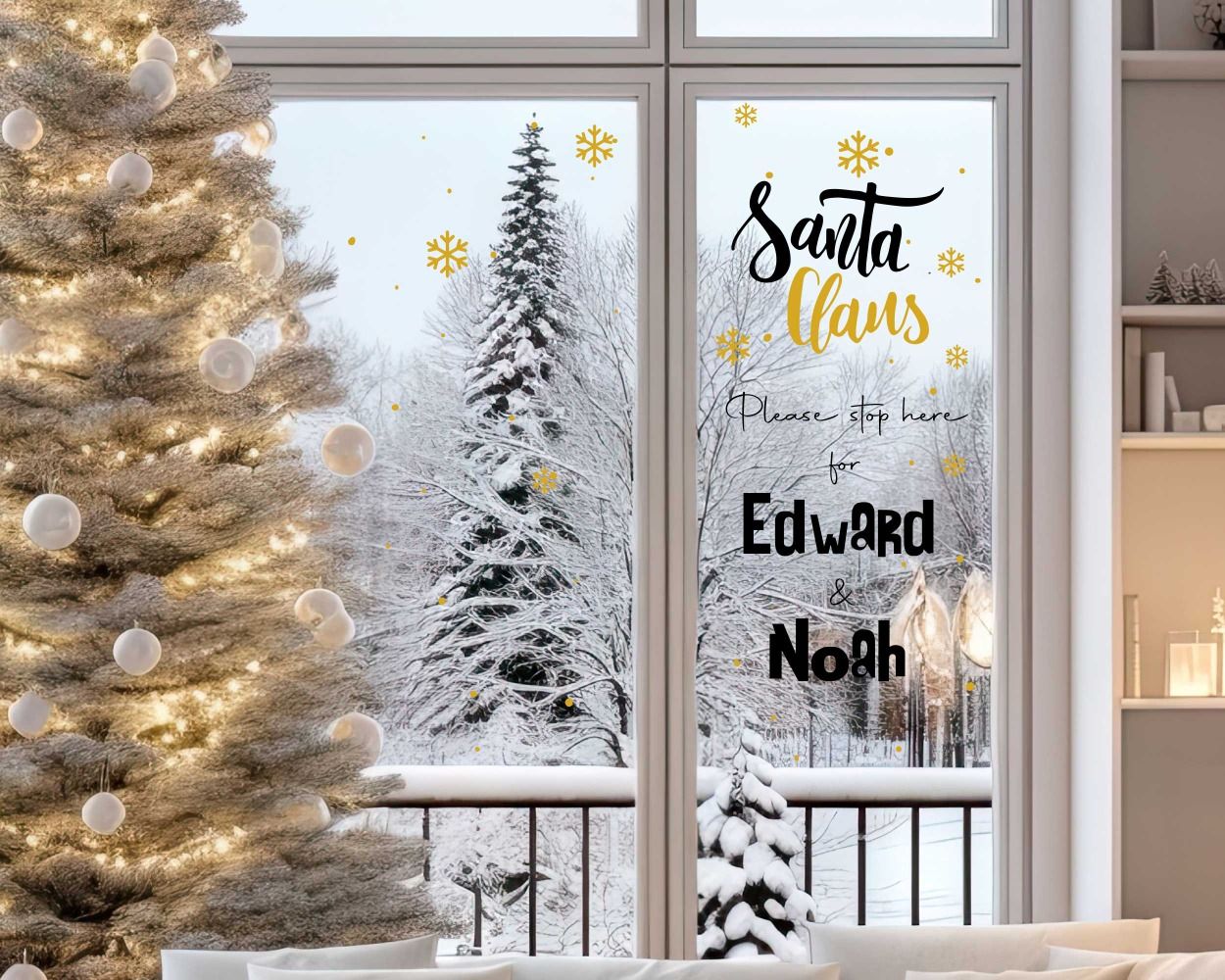 Custom Name And Santa Clams Stickers For Christmas Celebration Glass Window Decoration