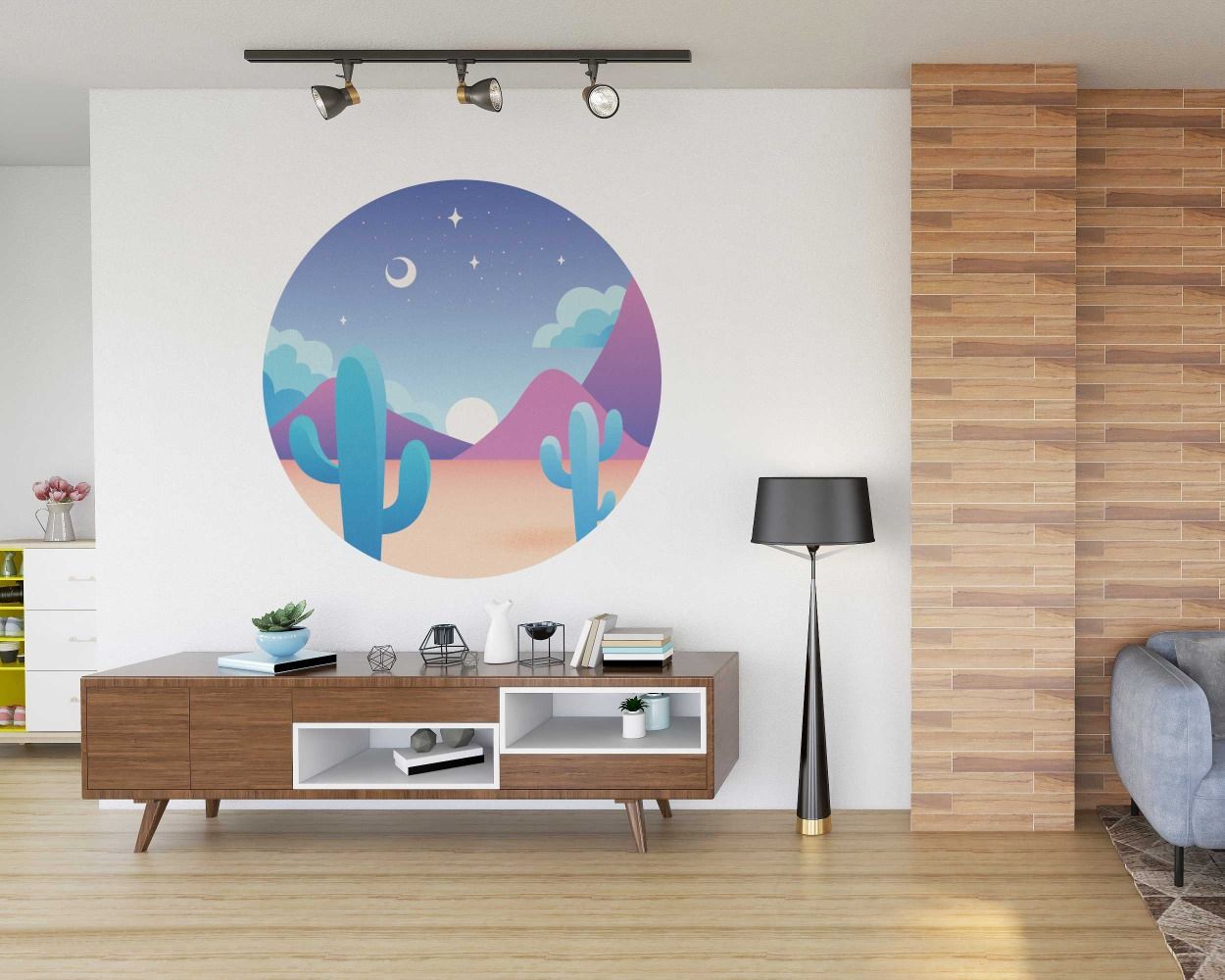 Best Beautiful Desert Mountains Sun And Clouds Cactus Circle Shape Wall Decals
