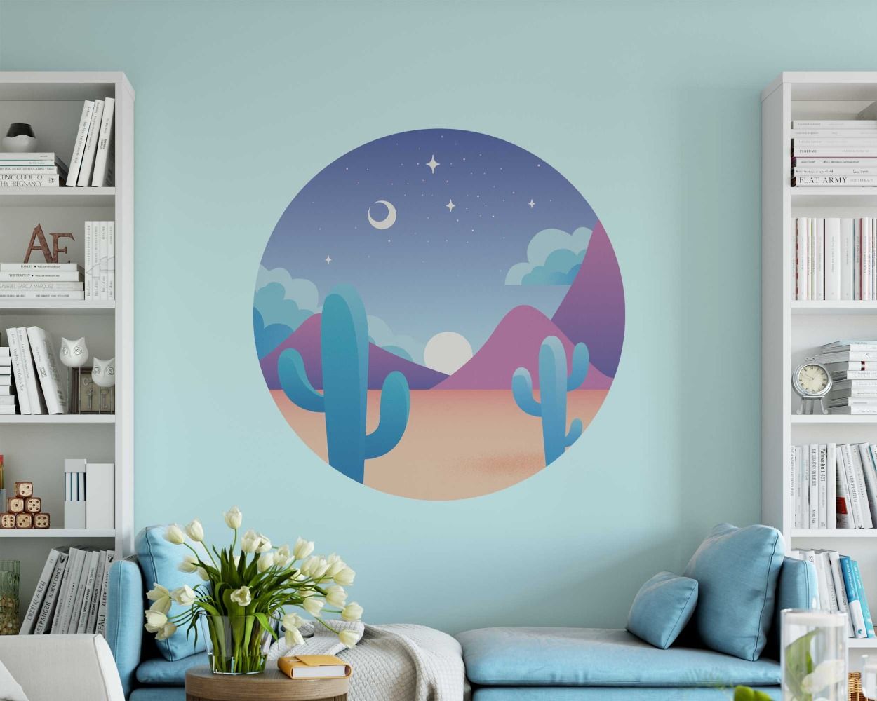 Desert Mountains Sun And Clouds Cactus Circle Shape Wall Decals 