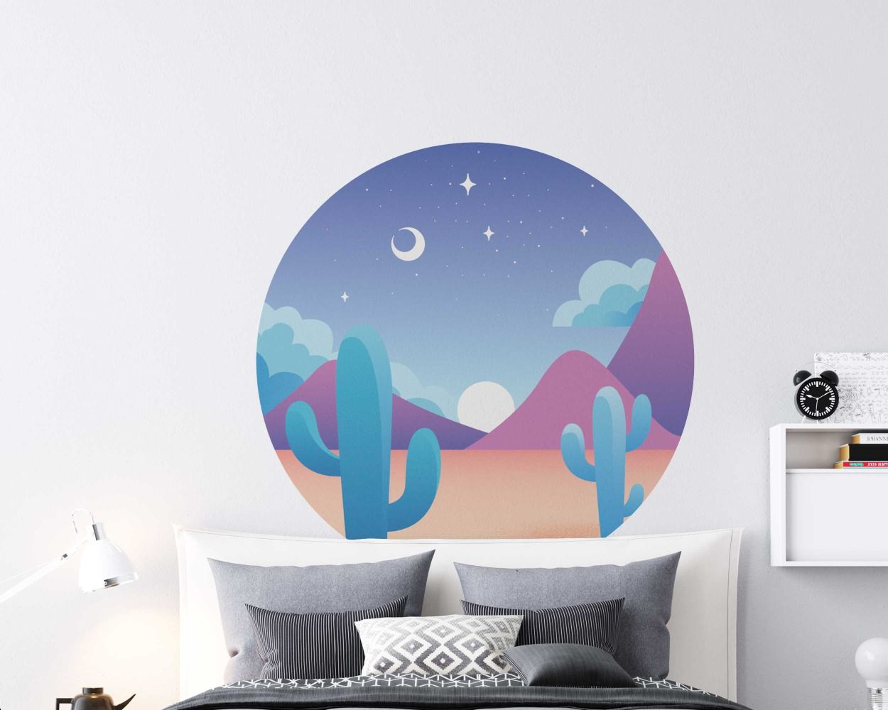 Beautiful Desert Mountains Sun And Clouds Cactus Circle Shape Wall Stickers 