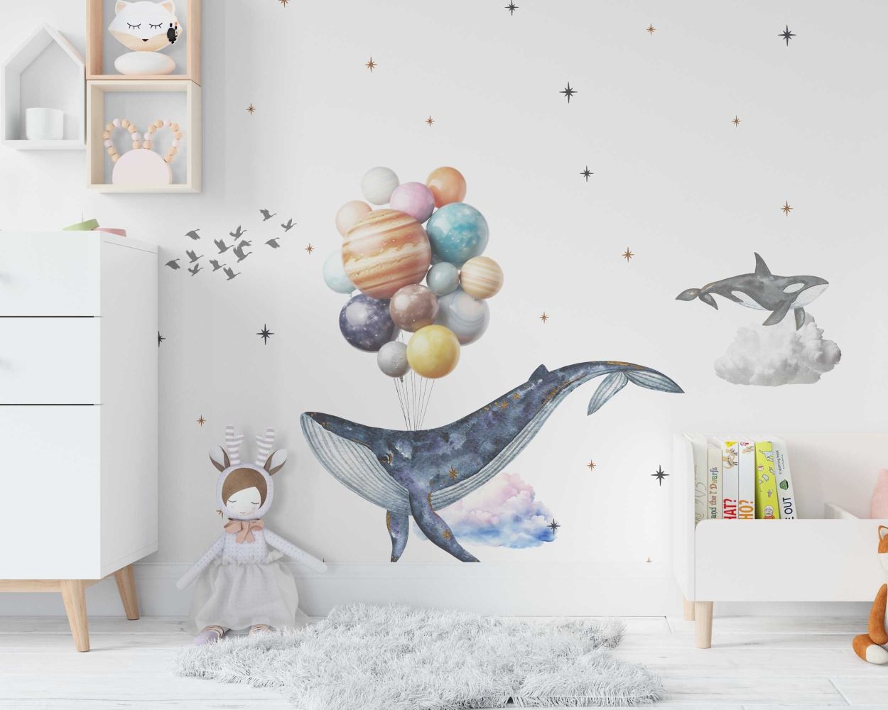 Flying Whales with Planets Balloon Wall Decals for Kids Room Decor
