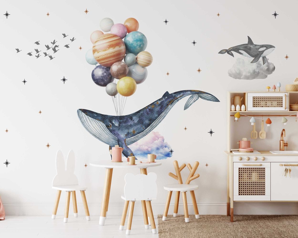 Flying Whales with Planets Balloon Wall Stickers for Kids Room Decor