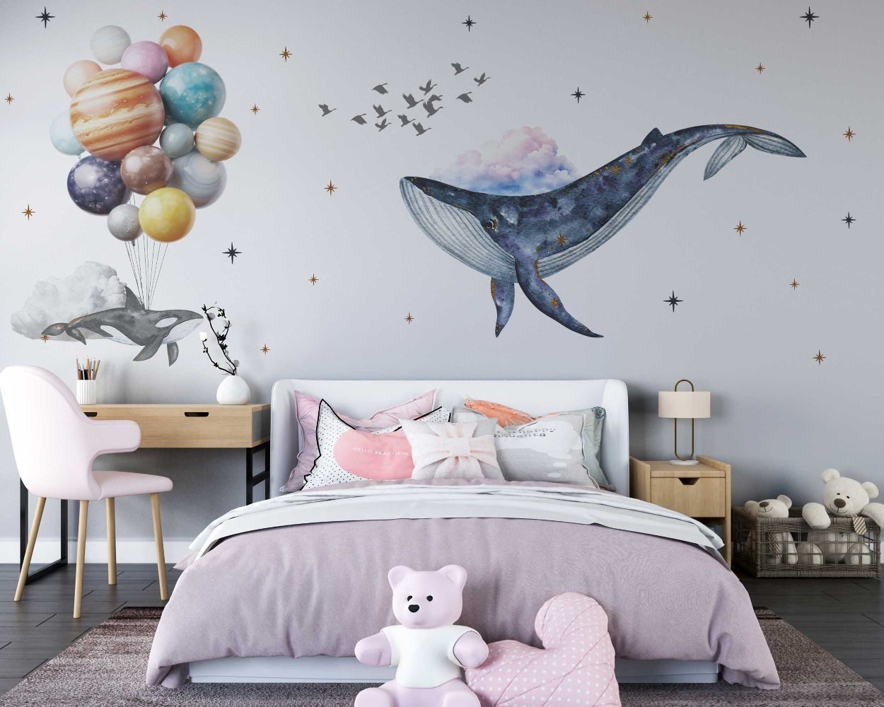 Flying Whales with Planets Balloon Wall Stickers