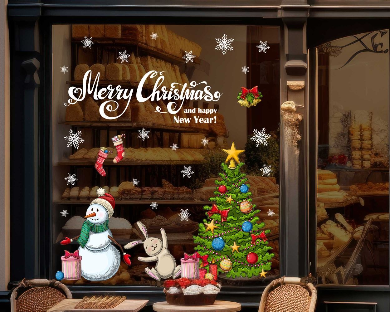 Merry Christmas Tree Snowman Window Decorative Decals
