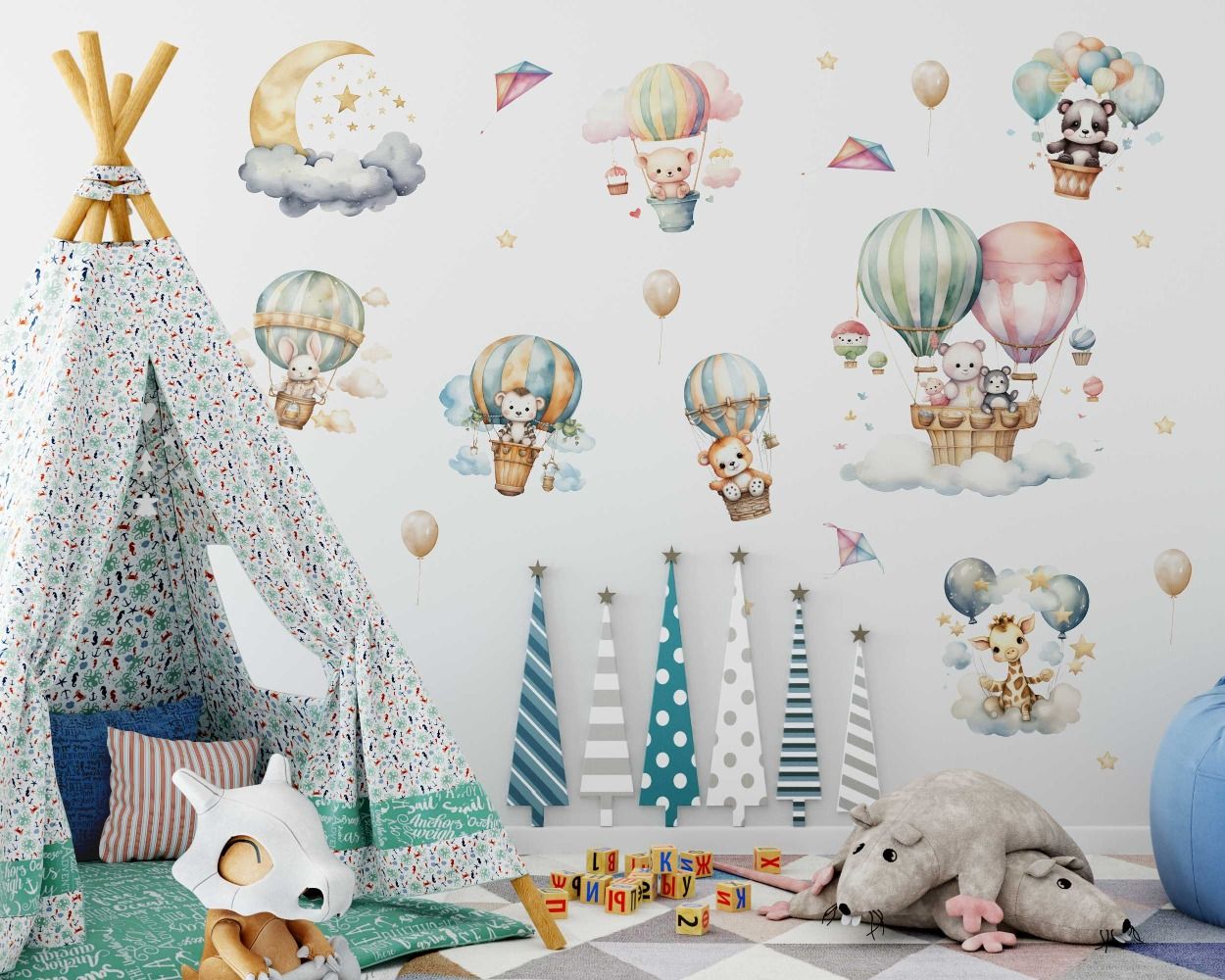 Best Beautiful Cartoon Animal Flying with Hot Air Balloon Wall Stickers