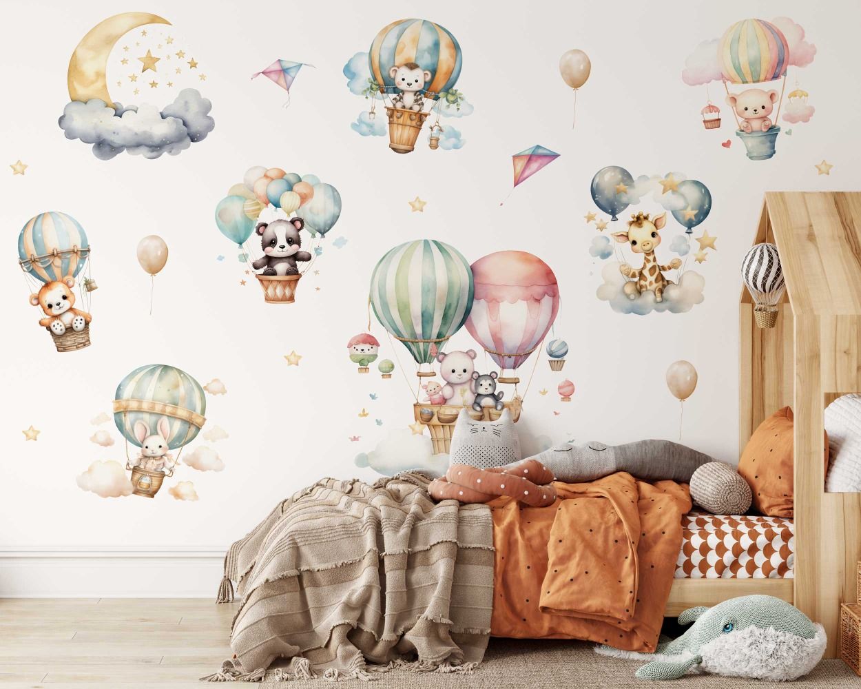 Best Beautiful Cartoon Animal Flying with Hot Air Balloon Wall Decals