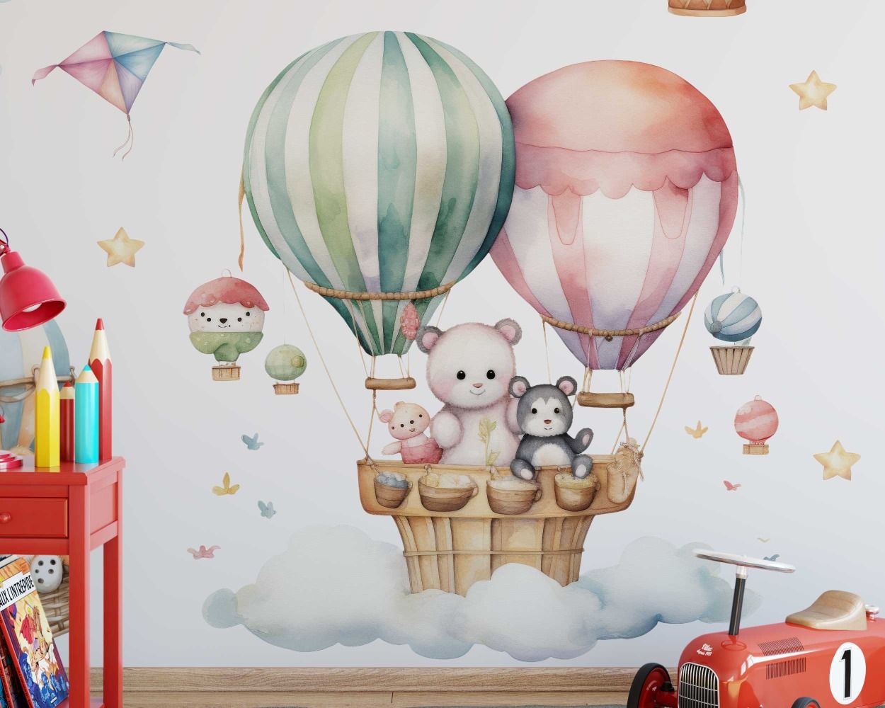 Best Beautiful Cartoon Animal Flying with Hot Air Balloon Wall Stickers For kids Room Decor