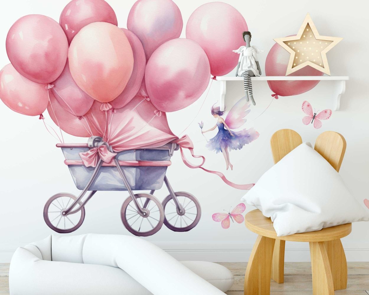 Watercolor Baby Girl Pink Stroller with Balloons Wall Decals