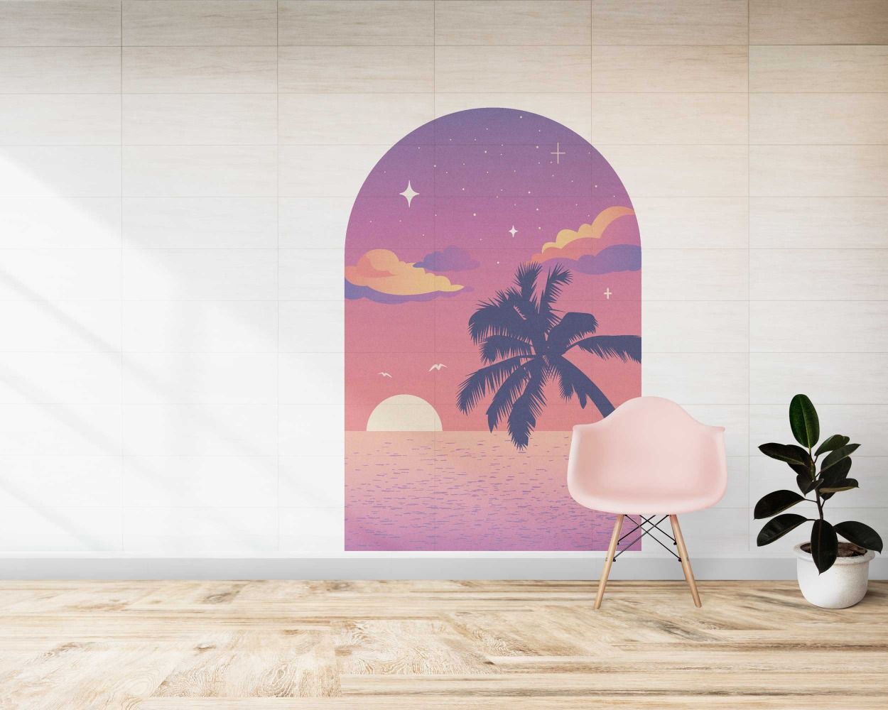 Best Beautiful Pink Purple Sunset With Palm Trees Beach View Wall Decals