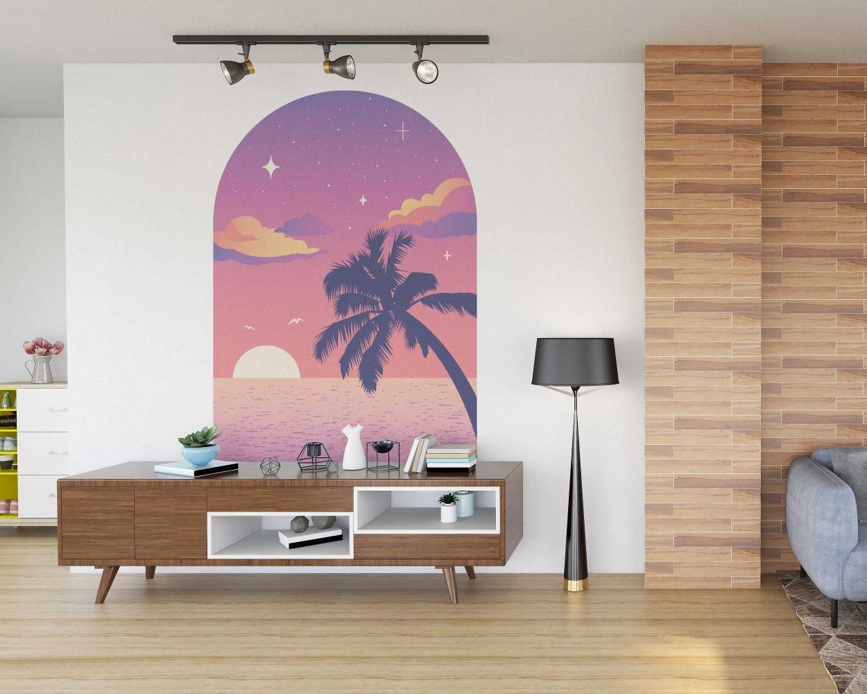 Beautiful Pink Purple Sunset With Palm Trees Beach View Wall Stickers 