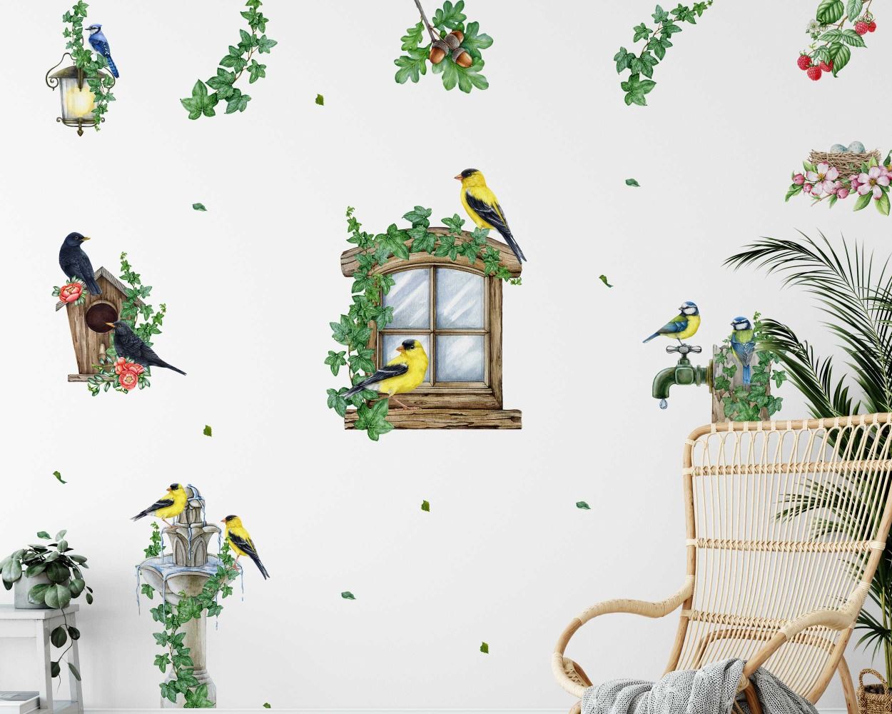 Romantic Little Growing Flowers and Birds Wall Decals for kids Room Decor