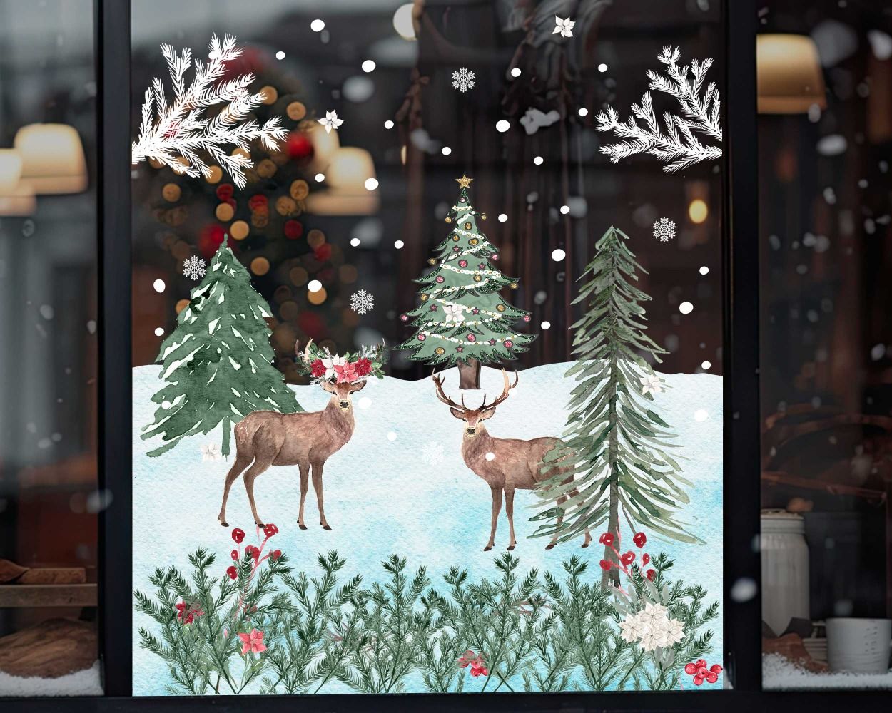 Snow Reindeer And Christmas Celebration Window Decorative Decals