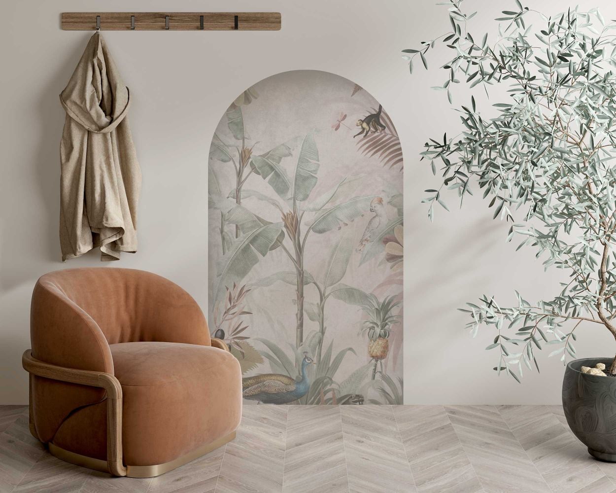 Tropical Banana Trees, Animals and Birds Arch Wall Stickers for Bedroom Decor 