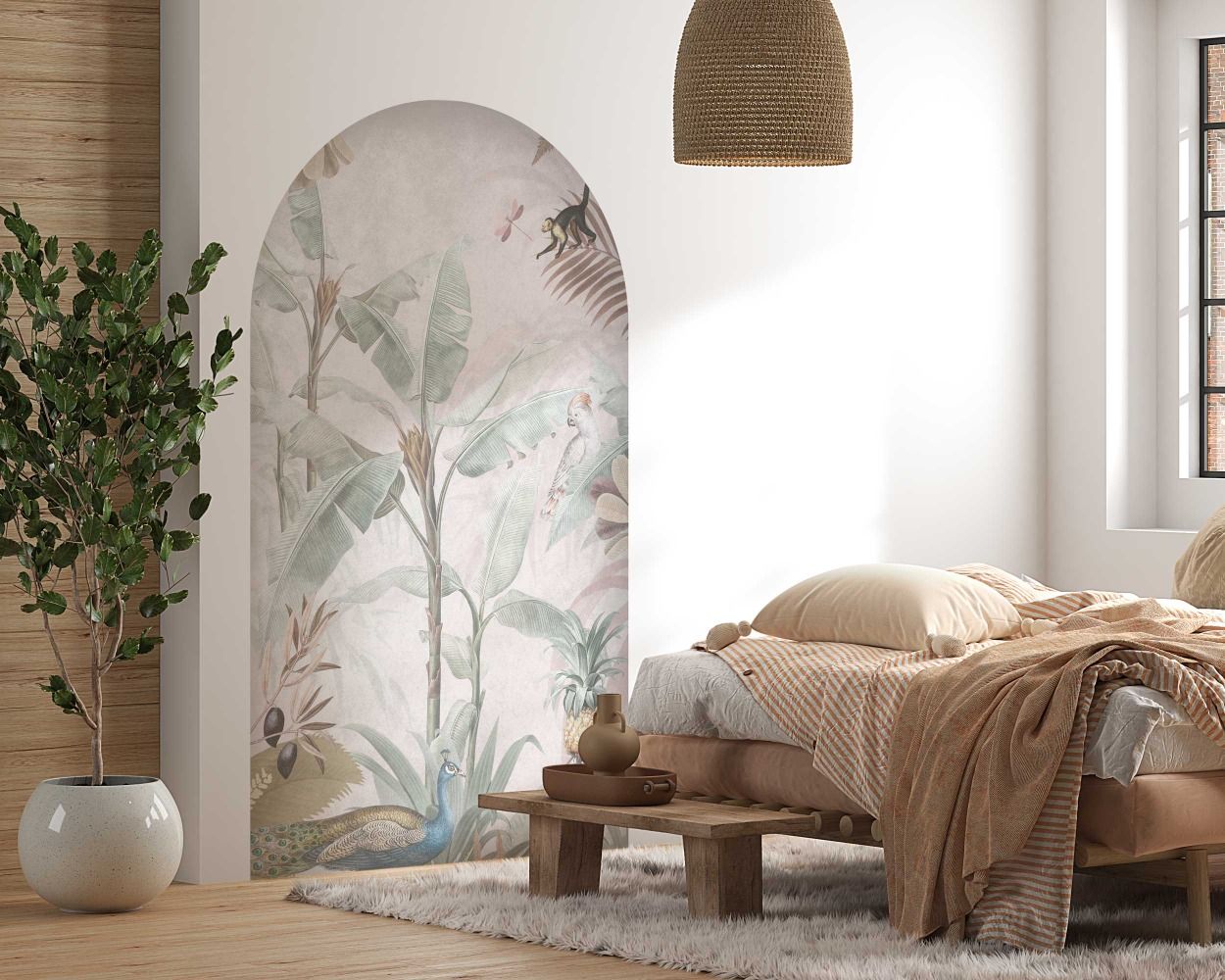 Tropical Banana Trees, Animals and Birds Arch Wall Decals for Bedroom Decor 