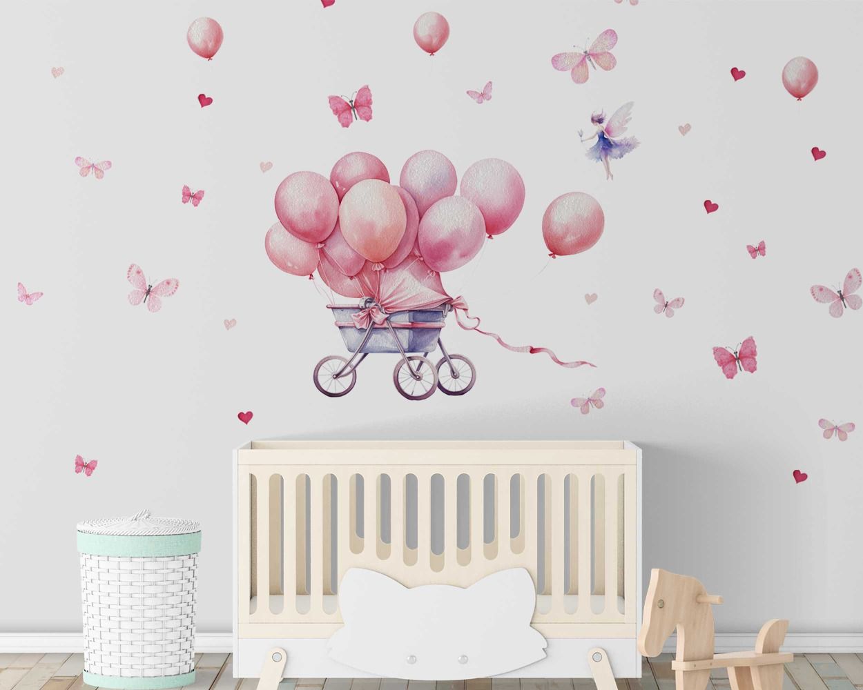 Watercolor Baby Girl Pink Stroller with Balloons Wall Stickers