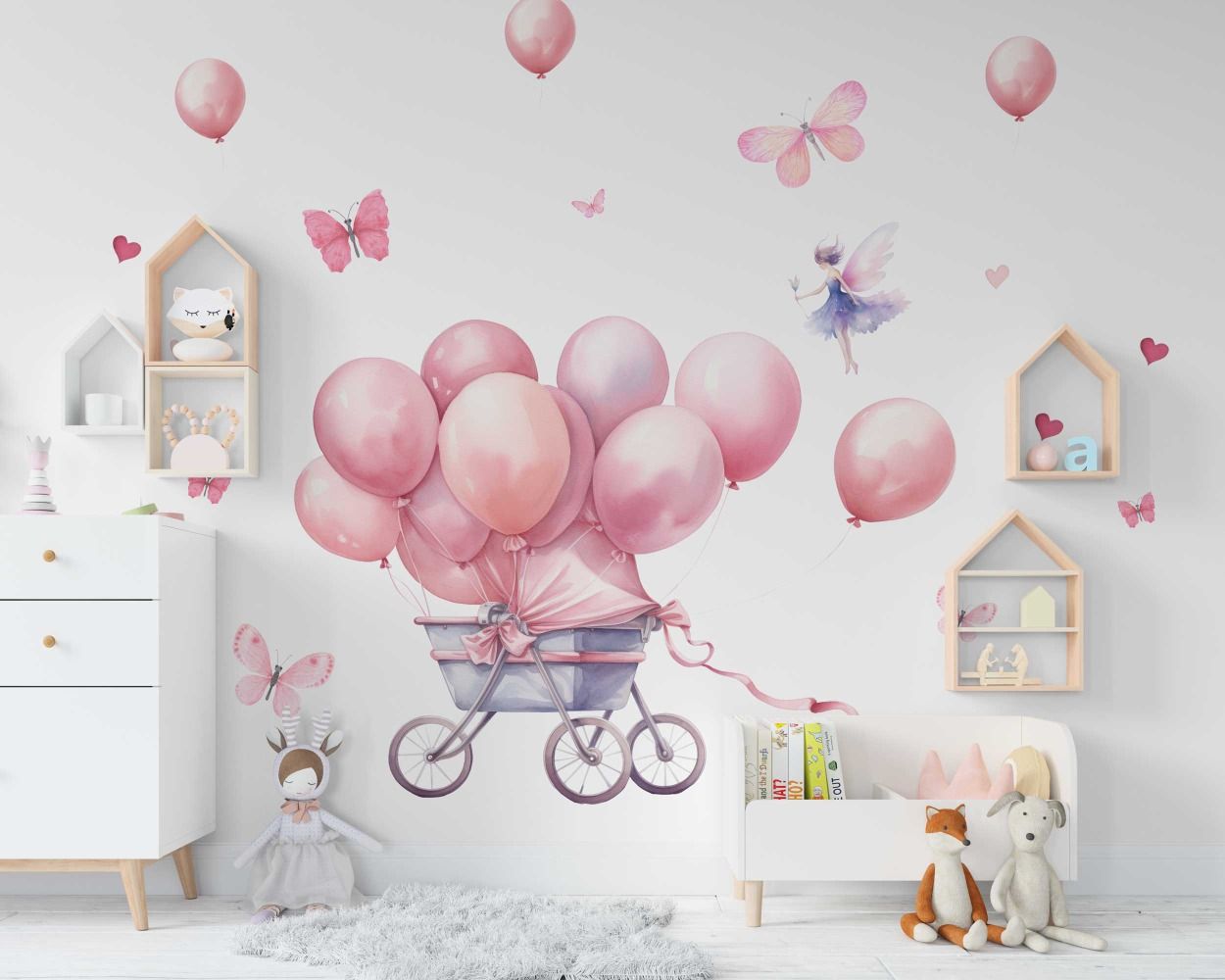 Watercolor Baby Girl Pink Stroller with Balloons Wall Stickers for Children Room Decor