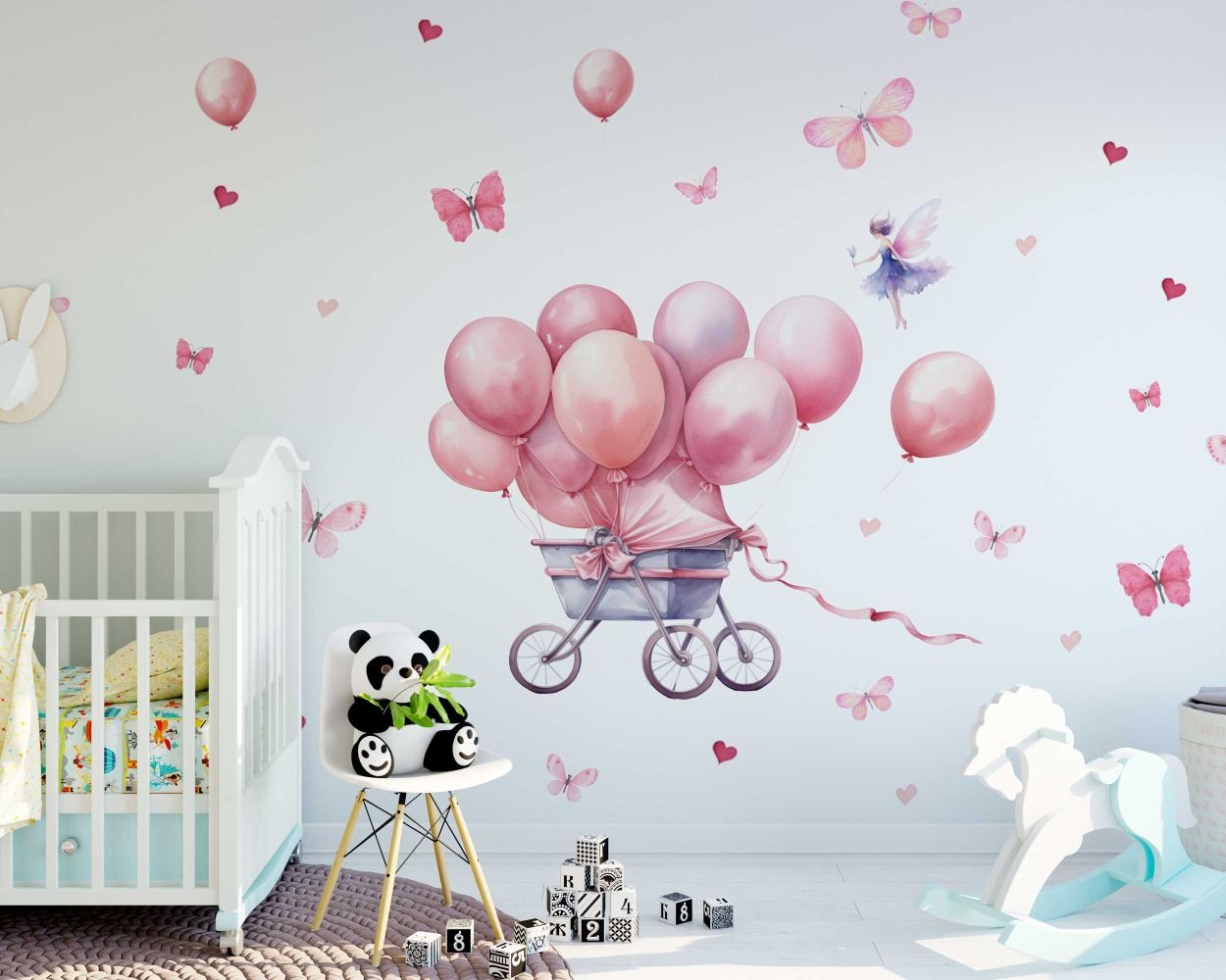Watercolor Baby Girl Pink Stroller with Balloons Wall Decals for Children Room Decor