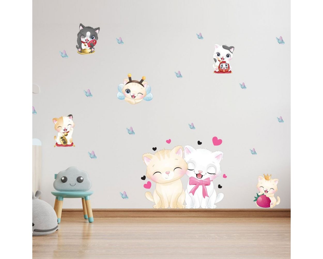Butterfly, Hearts & Fairy Kitty Animals Vinyl Wall Decals for Kids Bedroom Wall Decor