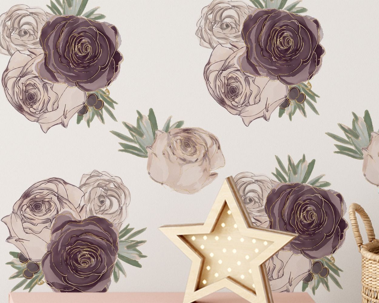 Best Rose Flowers with Leaves Floral Headboard Wall Stickers