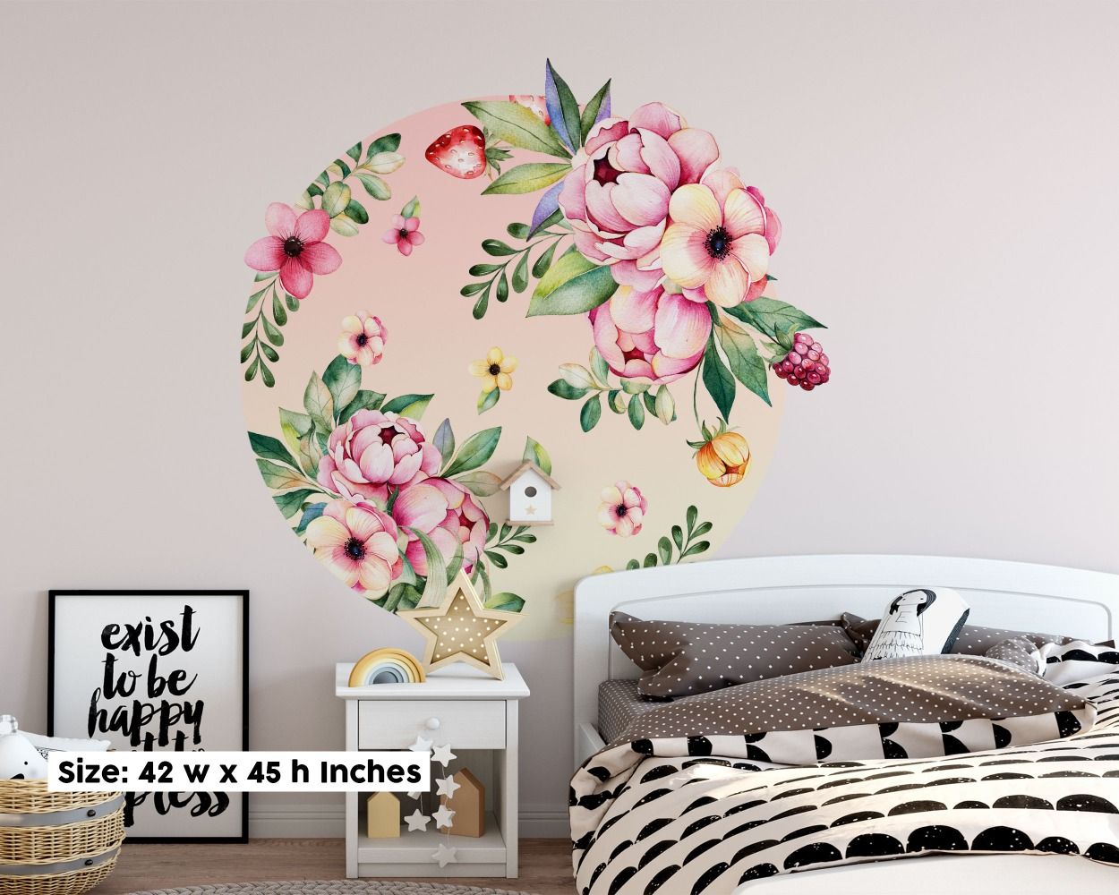 Best beautiful Pastel Pink Circle Shape Floral Headboard Wall Decals for bedroom wall decor. shop now