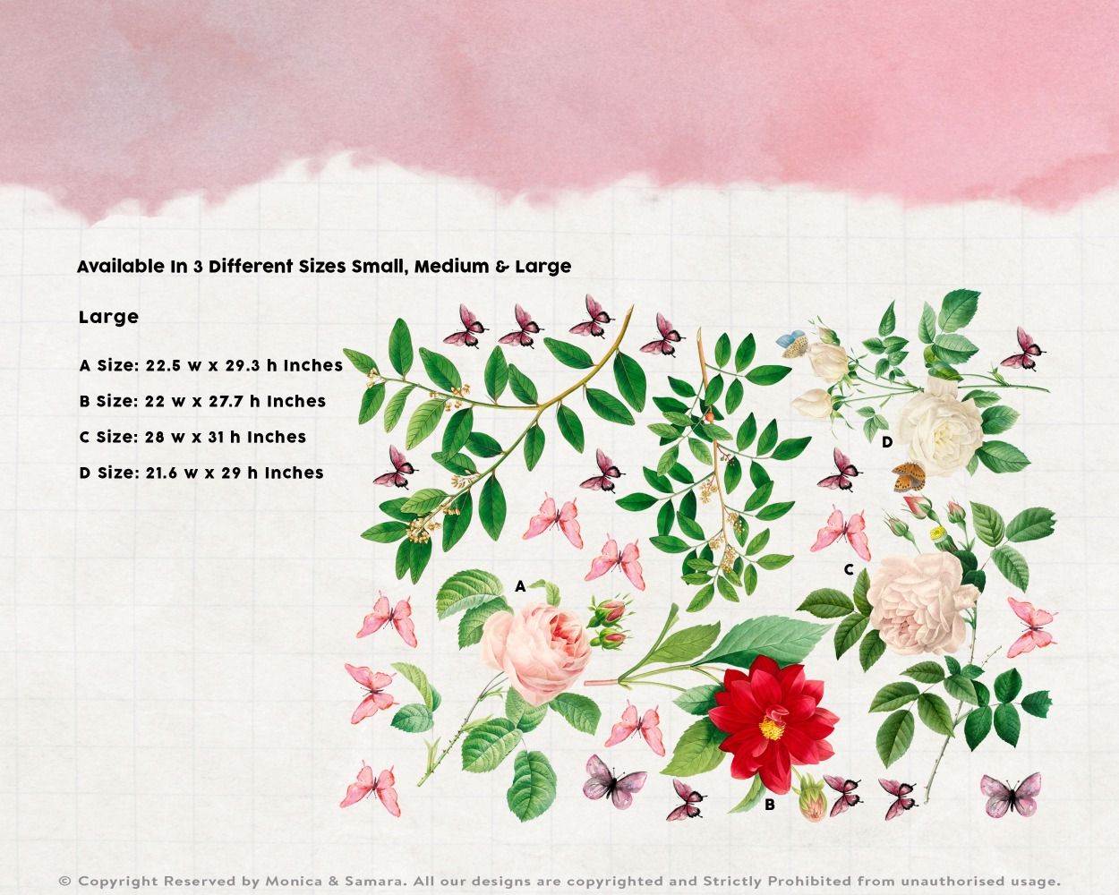Beautiful Rose With Leaves and Butterflies Floral Vinyl Wall Decals