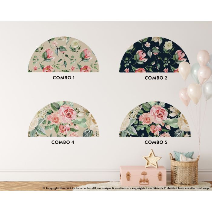 Tropical Floral Leaves Headboard Decals, Floral Leaves Watercolour Stickers, Arch Headboard Vinyl, Girls Bedroom Decor, Half Sun Wall Decal
