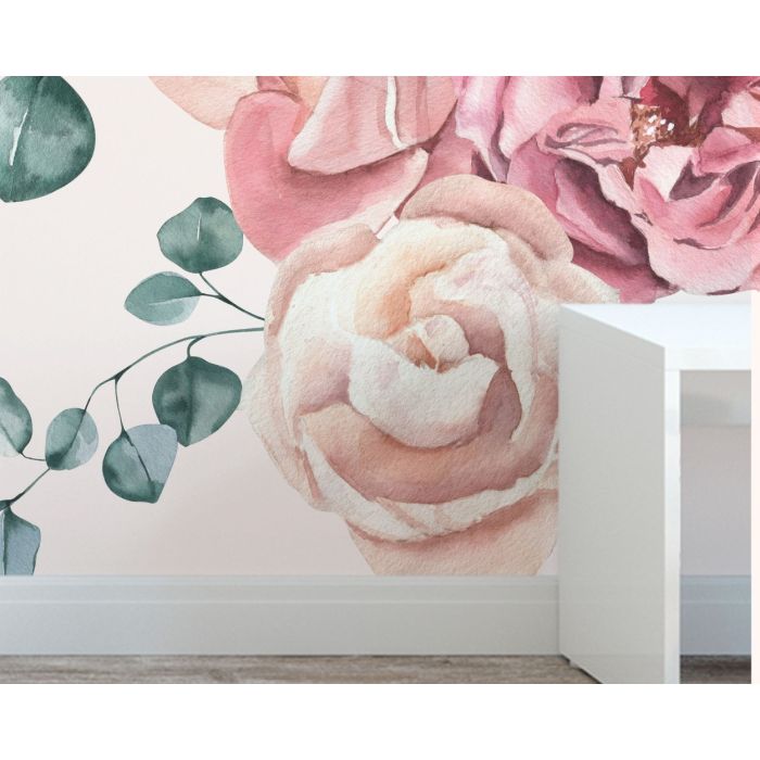 Roses Pastel Pink Wall Stickers for Nursery, Kids Room Decoration, Vinyl Nature, Vintage Watercolour Cute Sticker Pack, Waterproof Stickers
