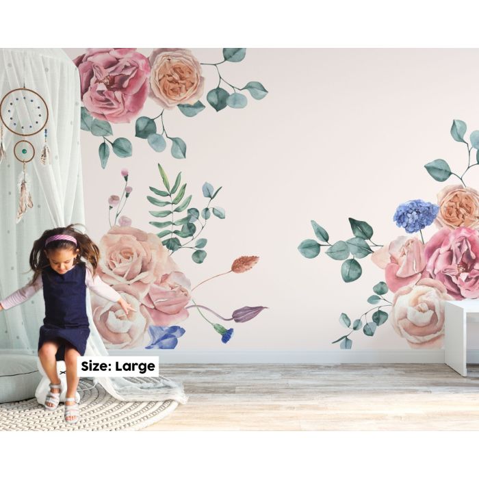 Roses Pastel Pink Wall Stickers for Nursery, Kids Room Decoration, Vinyl Nature, Vintage Watercolour Cute Sticker Pack, Waterproof Stickers