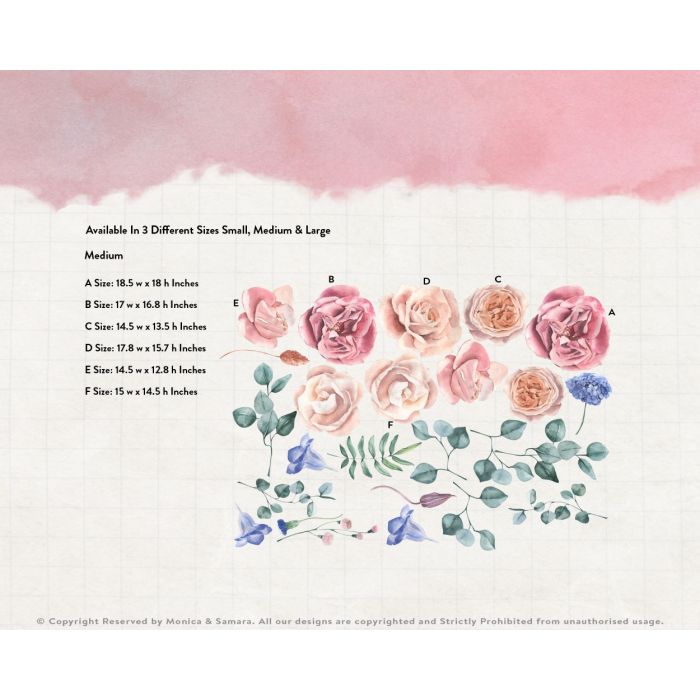 Roses Pastel Pink Wall Stickers for Nursery, Kids Room Decoration, Vinyl Nature, Vintage Watercolour Cute Sticker Pack, Waterproof Stickers