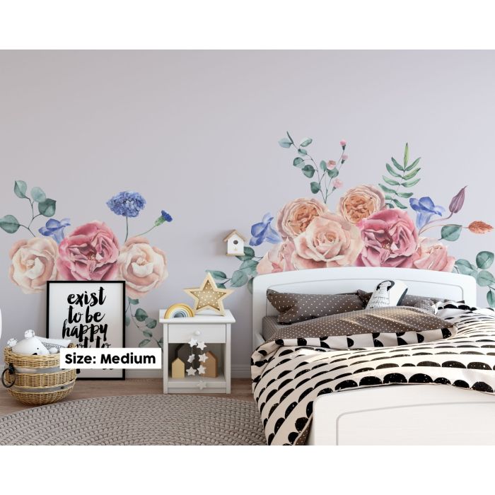 Roses Pastel Pink Wall Stickers for Nursery, Kids Room Decoration, Vinyl Nature, Vintage Watercolour Cute Sticker Pack, Waterproof Stickers