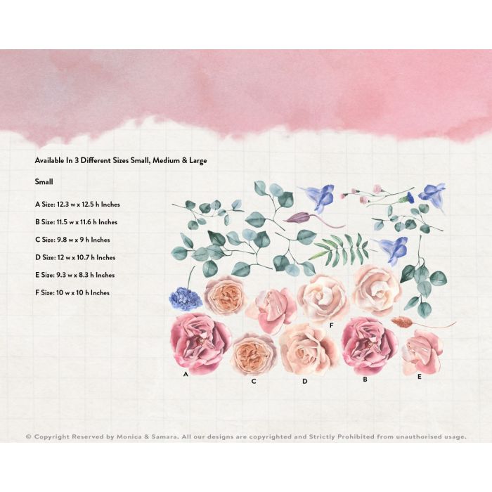 Roses Pastel Pink Wall Stickers for Nursery, Kids Room Decoration, Vinyl Nature, Vintage Watercolour Cute Sticker Pack, Waterproof Stickers