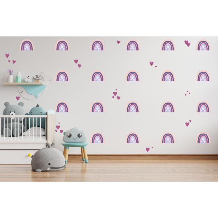 Set of 24 Multicolour Rainbow and Hearts Wall Decals, Pattern for kids room wall stickers