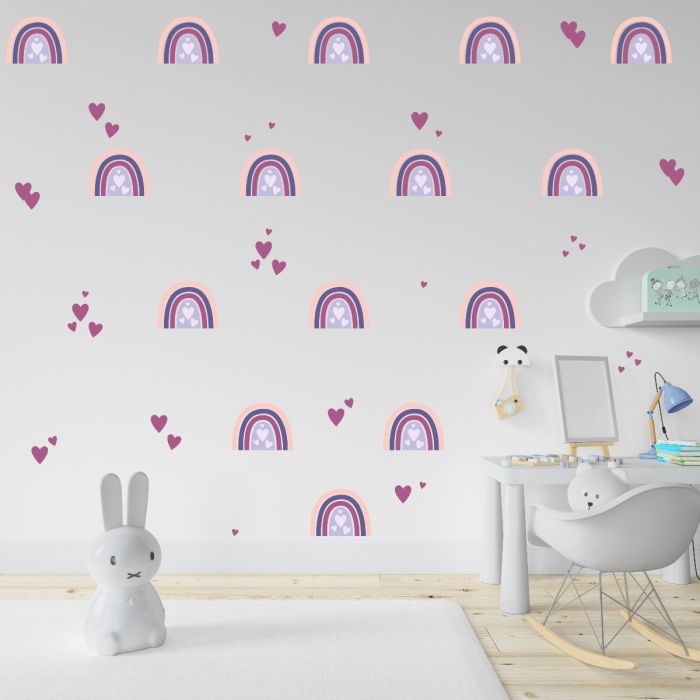Set of 24 Multicolour Rainbow and Hearts Wall Decals, Pattern for kids room wall stickers