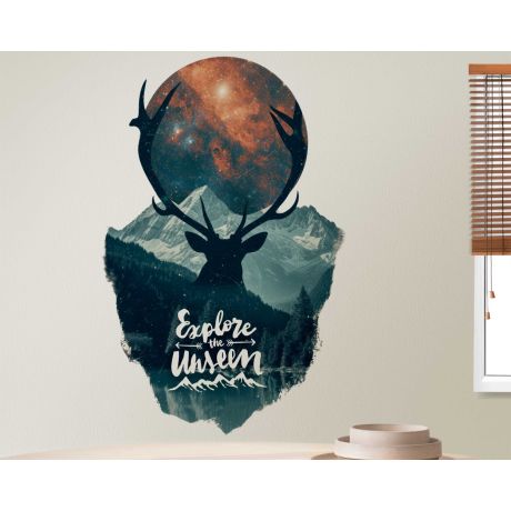 Beautiful Mountains, Trees And Deer Explore The Unseen Quote Wall Sticker