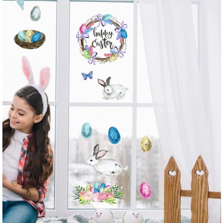 Watercolour Easter Wreath Window Decoration with Easter Eggs Window decor and Birdhouse with birds Window decor