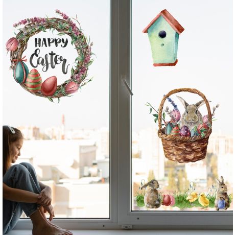 Watercolour Easter Window Stickers,Easter Bunny with Chicks Window decor,Easter Eggs Window Decoration