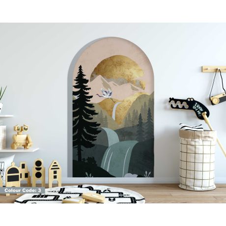 Golden Sun and Crane with Elegant Nature Scene Arch Wall Stickers For home decor