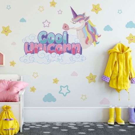 Kids Room Cool Unicorn Horn Wall Stickers with Stars & Clouds, Unicorn Rainbow Wall Decal, Kids Fantasy Girls Bedroom, Wall Art Cute Nursery
