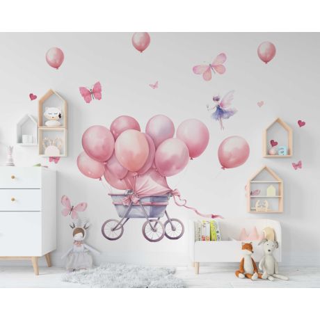 Watercolor Baby Girl Pink Stroller with Balloons Wall Stickers for Children Room Decor