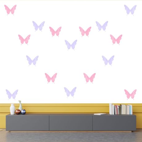 Set of 20 Purple and Pink Butterfly Wall Stickers, Watercolour Effect Pattern for kids room wall stickers