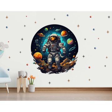 Astronaut Standing on Moon Colorful Space Wall Stickers for Baby Nursery Decor