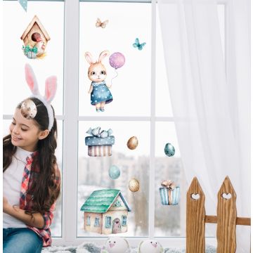Watercolour Easter Bunny with Balloon Window Decoration