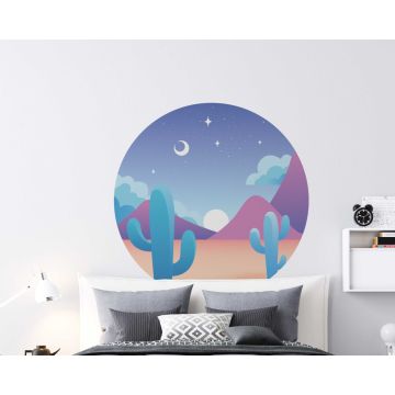 Beautiful Desert Mountains Sun And Clouds Cactus Circle Shape Wall Stickers 