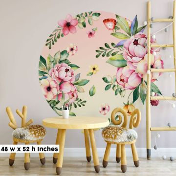 Pastel pink bedroom wall stickers circle floral flowers leaves wall decals