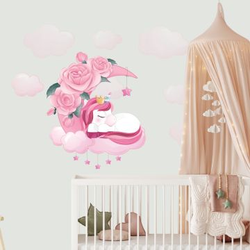 Cute & Beautiful Unicorn Sleeping On Moon Wall Stickers for Kids Bedroom Wall Decor
