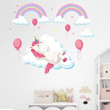 Beautiful Unicorn, Balloon With Clouds Vinyl Wall Decals for Kids Bedroom Wall Decor