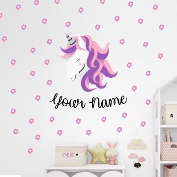 Cute Custom Name with Unicorn And Flowers wall Decals for Kids Bedroom Wall Decor